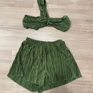 Olive Green Pleated Two-Piece Set